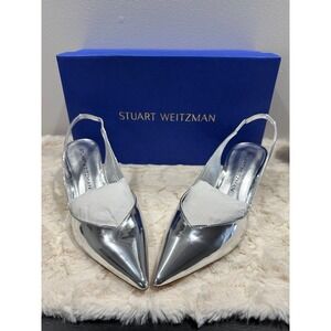 Stuart Weitzman Silver Slingback Pumps | Pointed Toe Heels Luxury Modern Glam